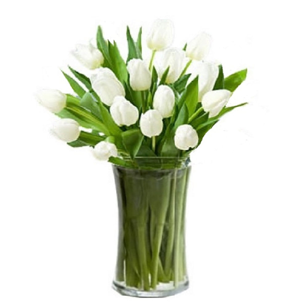 Прозрачная ваза с белыми тюльпанами
